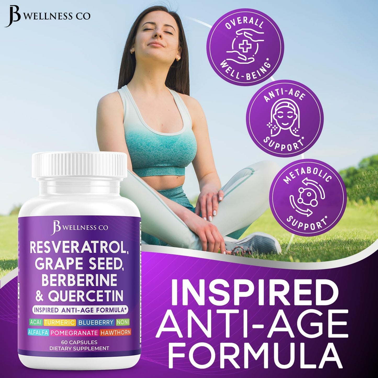 JB Wellness Resveratrol Grape Seed Extract, Berberine, Quercetin - Polyphenol Supplement for Women and Men with Noni Extract, N-Acetyl Cysteine, Acai Extract - 60 Capsules