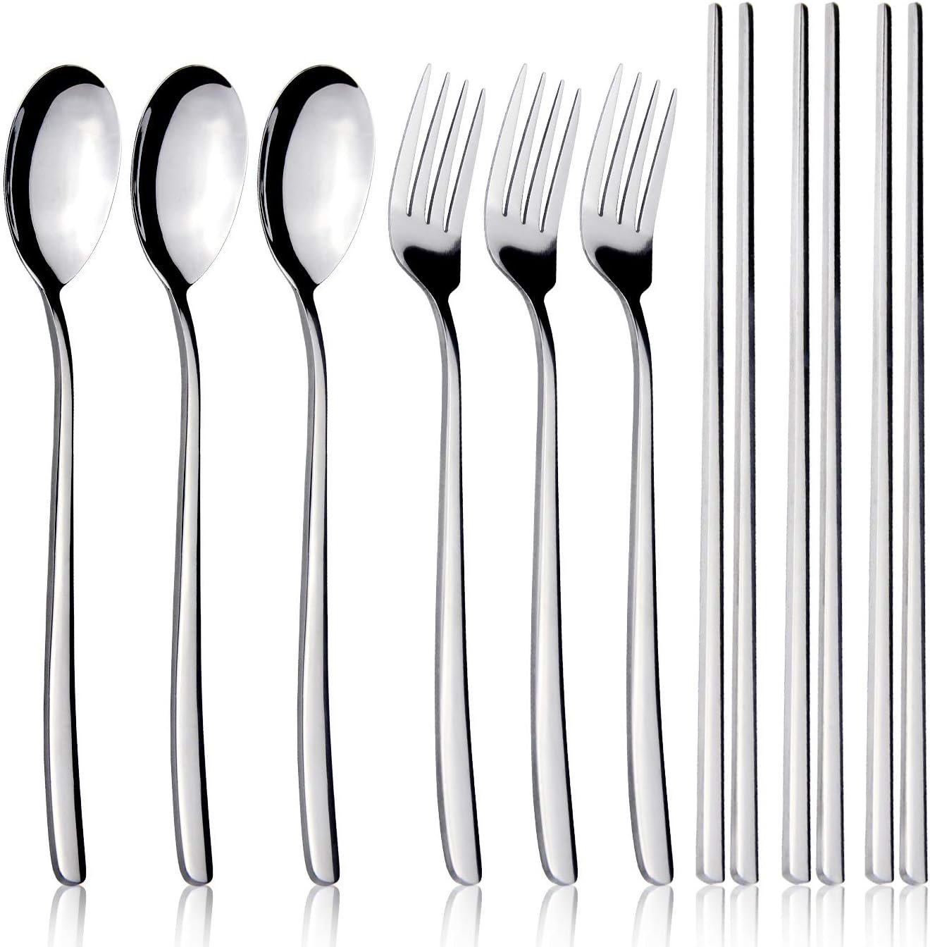 IQCWOOD Spoons and Forks Set, Flatware Set, 3 Pair Forks and Spoons Silverware Korean Utensil Set, Stainless Steel Korean Chopsticks Spoons and Fork Set, Dinnerware Portable Utensils for Home