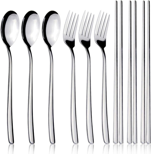 IQCWOOD Spoons and Forks Set, Flatware Set, 3 Pair Forks and Spoons Silverware Korean Utensil Set, Stainless Steel Korean Chopsticks Spoons and Fork Set, Dinnerware Portable Utensils for Home