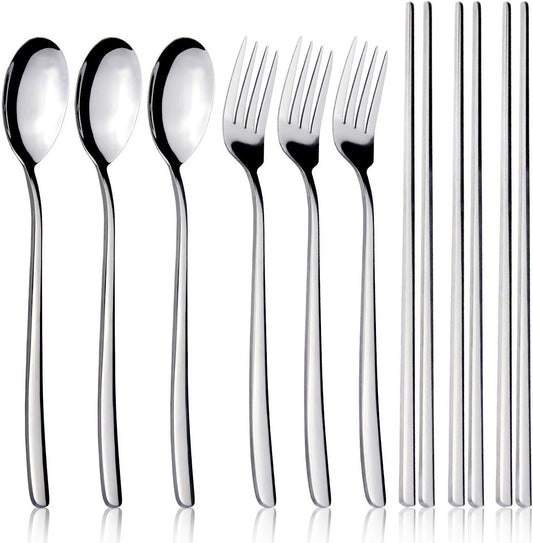 IQCWOOD Spoons and Forks Set, Flatware Set, 3 Pair Forks and Spoons Silverware Korean Utensil Set, Stainless Steel Korean Chopsticks Spoons and Fork Set, Dinnerware Portable Utensils for Home