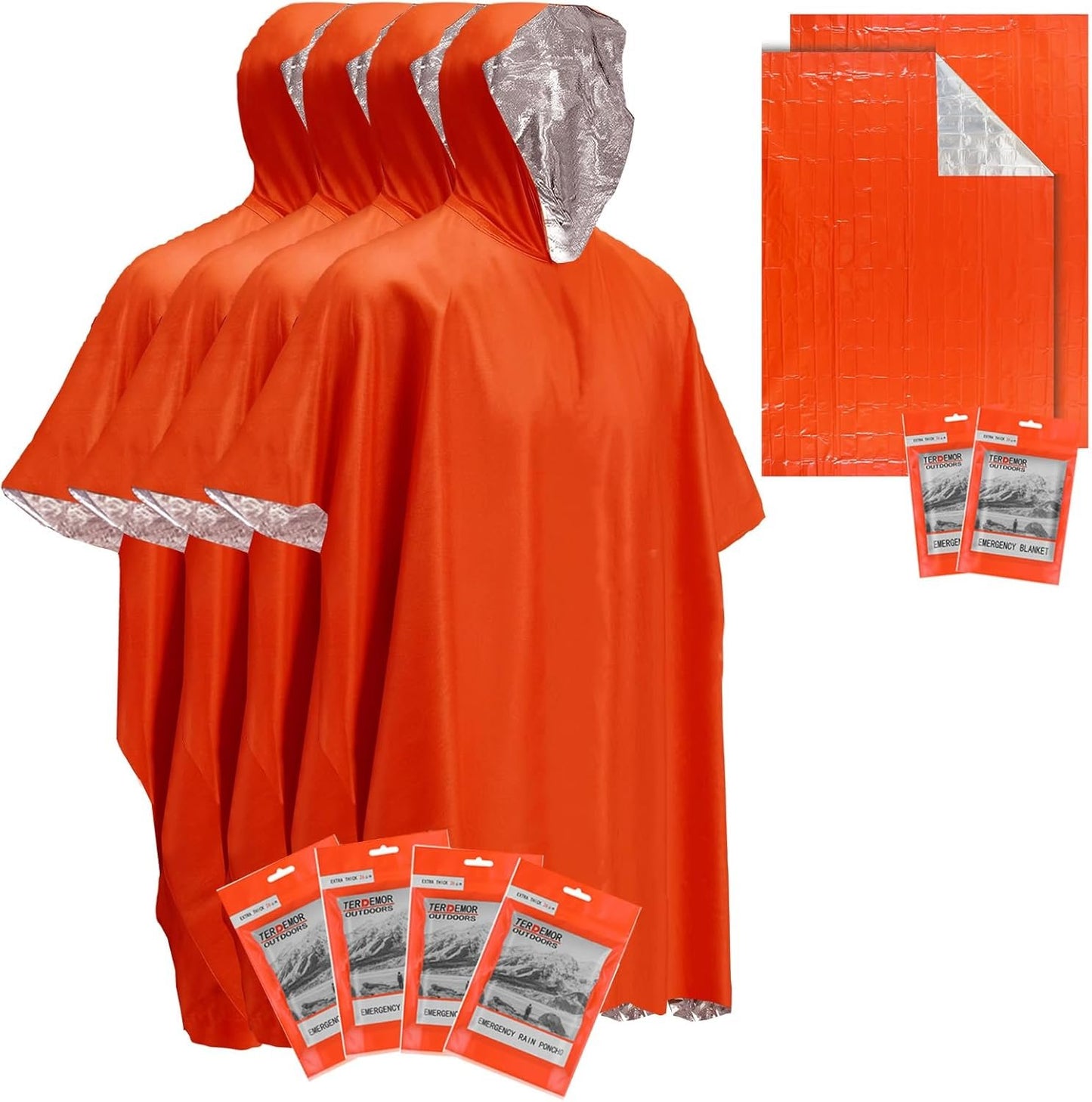 Terdemor Emergency Poncho (4 Pack), Emergency Blanket (2 Pack) with Mylar Blanket Liner, Much Larger and Thicker Survival Blanket