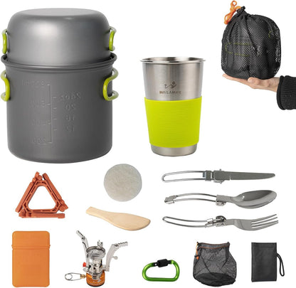 WAILAMHK 14pcs Camping Cookware Mess Kit with Lightweight Pot, Stove, Spork and Carry Mesh Bag, Great for Backpacking Outdoor Camping Hiking and Picnic