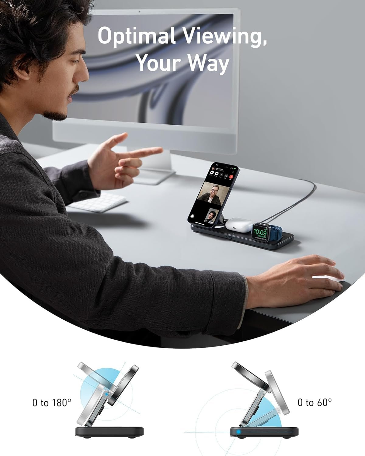 Anker iPhone 16 Foldable 3-in-1 Wireless Charging Station,Qi2 Certified 15W Ultra-Fast MagSafe-Compatible Charger,for iPhone 15/14 Series,AirPods, Apple Watch (USB-C Charger and Cable Included)