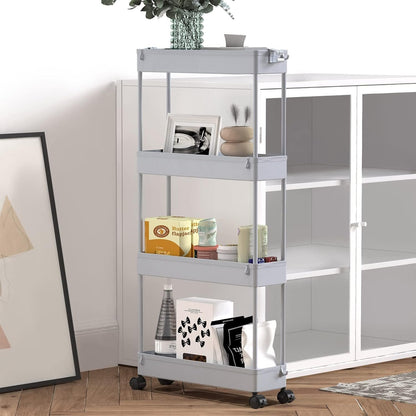 SPACELEAD Slim Storage Cart 4 Tier,Bathroom Storage Organizer Rolling Utility Cart, Mobile Shelving Unit Slide Out Storage Cart for Office, Bathroom, Kitchen, Laundry Room & Narrow Places， Gray