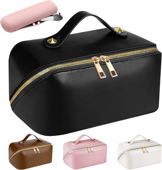 Travel Cosmetic Bag, Large Travel Beauty Case for Women, Make-Up Bag for Women, Updated PU Leather, Toiletry Makeup Bag Organizer, Smooth-Black