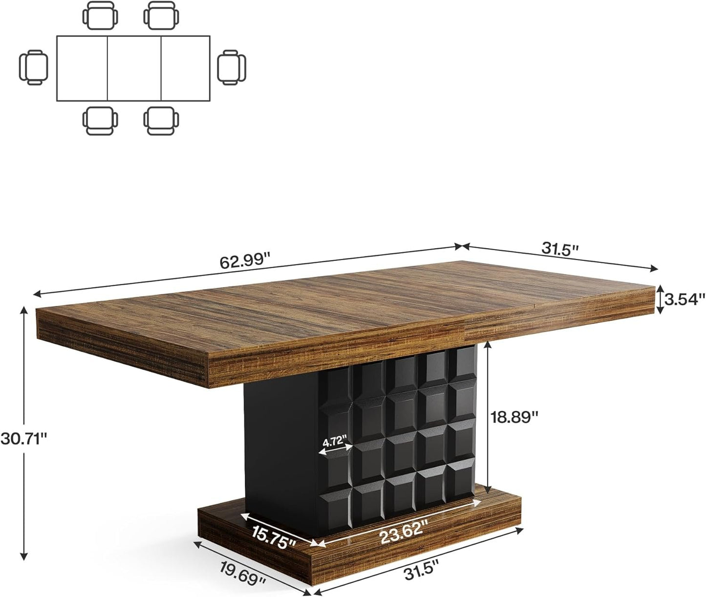 Tribesigns 63'' Dining Table for 4-6, Farmhouse Wooden Rectangular Dinner Table with Geometric Relief, Pedestal Base (Brown and Black)