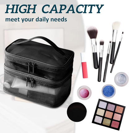 Double Layer Makeup Bag, Large Mesh Travel Cosmetic Pouch with Double Zipper, Vertical Make up Bag, Multifunctional Toiletry Bag for Makeup Brushes (Black)
