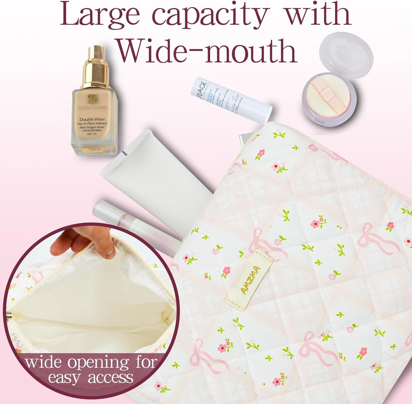 AMZMA Makeup Bag Travel Cosmetic Bag, 3 PCS Quilted Make Up Bags for Women Makeup Organizer Case, Coquette Makeup Pouch Travel Essentials Toiletries Accessories