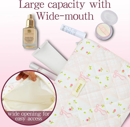 AMZMA Makeup Bag Travel Cosmetic Bag, 3 PCS Quilted Make Up Bags for Women Makeup Organizer Case, Coquette Makeup Pouch Travel Essentials Toiletries Accessories