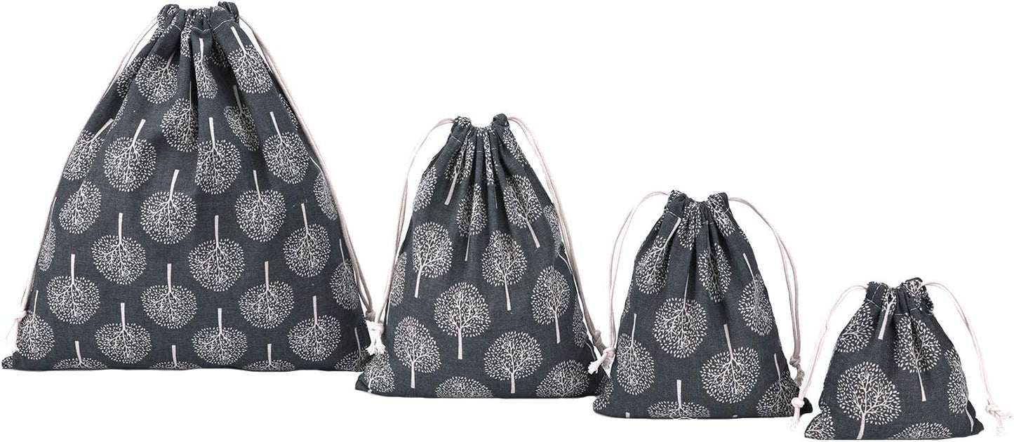 Amoyie Set of 4 Bags Organizer with Drawstring, Canvas Bag for Clothes Toys Travel Accessories (4 Different Sizes) - Grey Tree