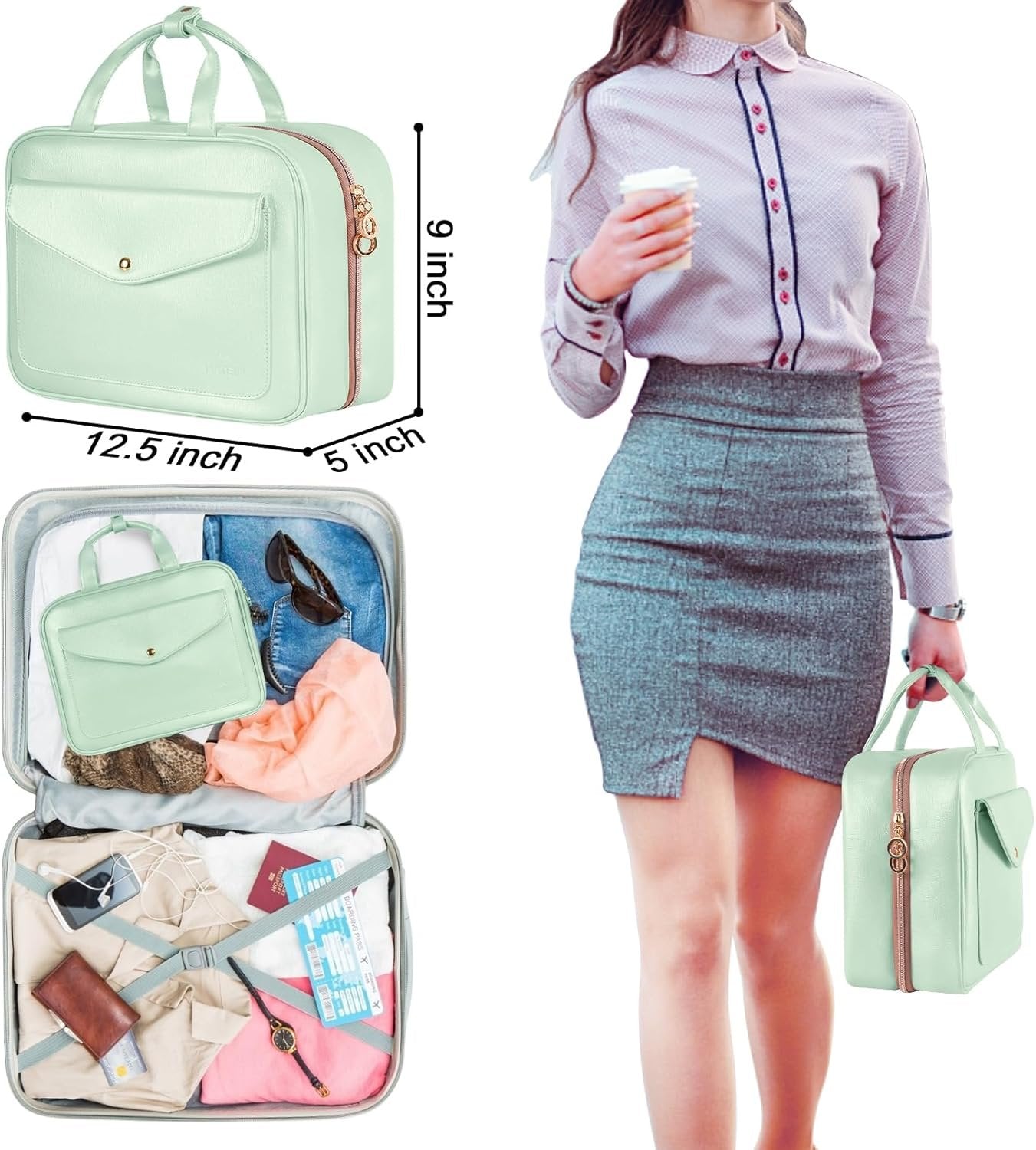 Travel Toiletry Bag for Women, Hanging Makeup Bag with Swivel Hook, Large Waterproof Cosmetic Bag Travel Organizer TSA Approved Full Sized Container for Toiletries, Cosmetics, Accessories, Mint Green