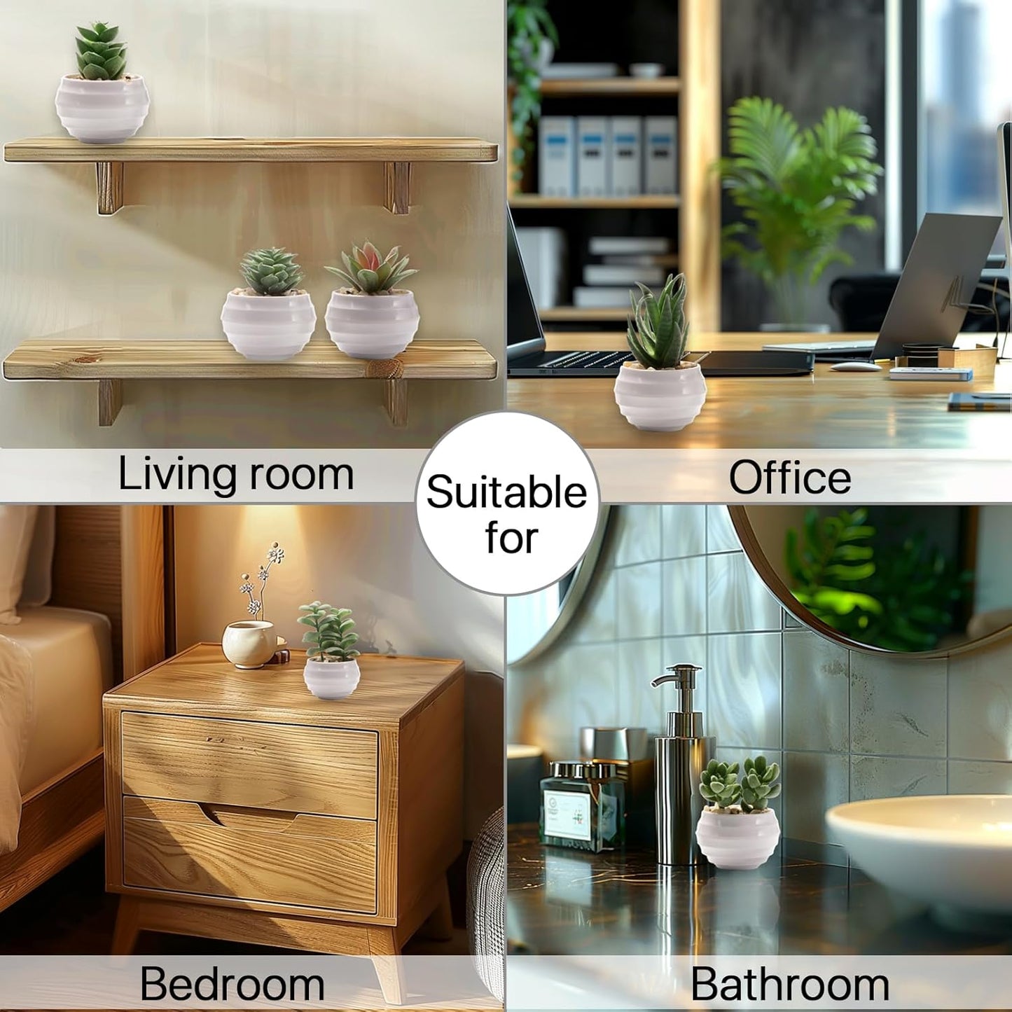 BERRYLION 6 Packs Succulents Fake Plants,Small Artificial Plants Indoor,Green Bookshelf Décor,Faux Plants for Home Décor,White Potted Fake Plant for Nightstand Decor