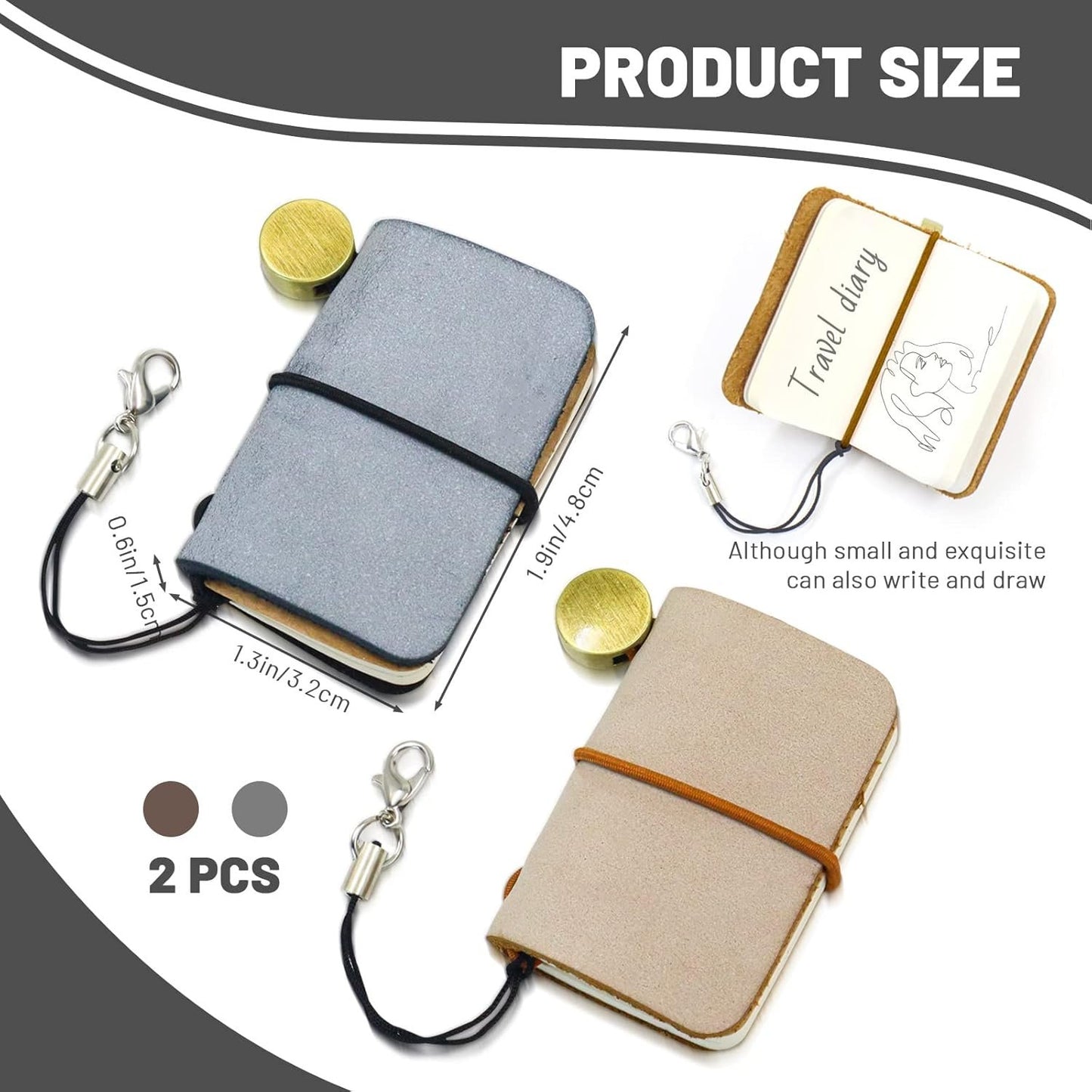 Pack of 2 Miniature Travelers Notebook 4.8x3.2cm(1.9’’x1.3’’), Handmade Tiny Leather Travels Notebook, Vintage Mini Notebook Diary Journal, Pocket Diary (Misty Black+Misty Brown)