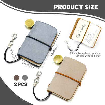 Pack of 2 Miniature Travelers Notebook 4.8x3.2cm(1.9’’x1.3’’), Handmade Tiny Leather Travels Notebook, Vintage Mini Notebook Diary Journal, Pocket Diary (Misty Black+Misty Brown)