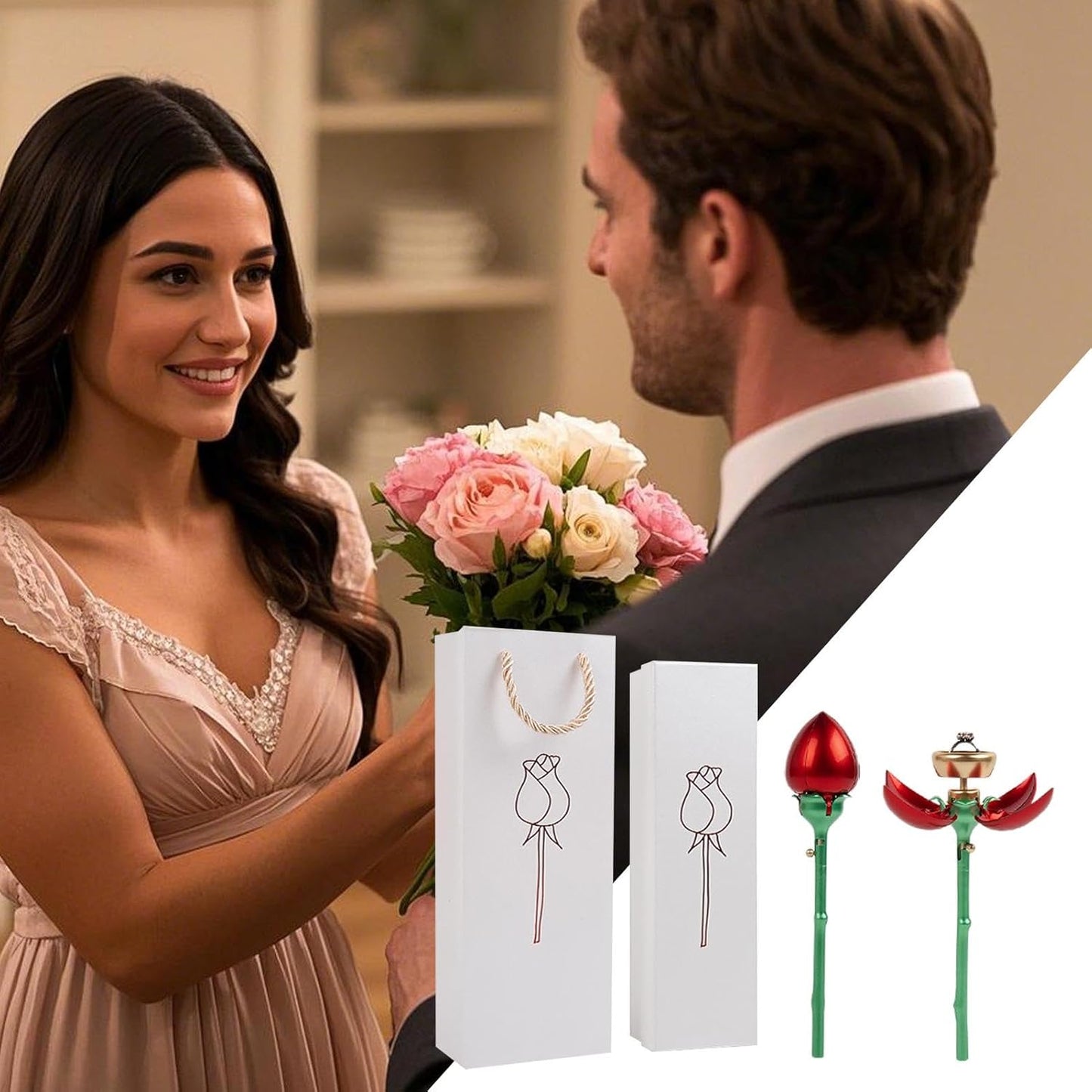 Hogvinnatil Flower Ring Box for Suggestion, Flower Ring Case - Flower Jewellery Ring Box with Stem | Push Up Automatic Open Jewellery Storage Holder, Romantic Organiser for Ear Sticks Earrings