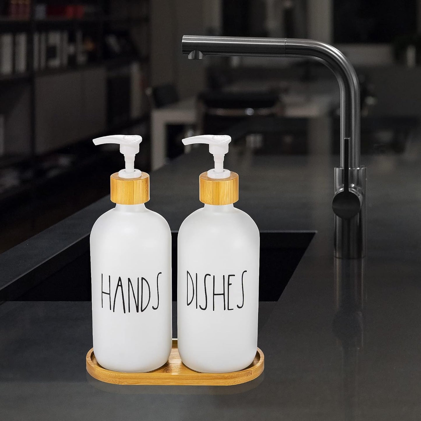 Hand and Dish Soap Dispenser for Kitchen by Brighter Barns - White Kitchen Soap Dispenser Set with Tray - Farmhouse Glass Soap Dispenser - Cute Housewarming, Wedding, Boho Home Decor