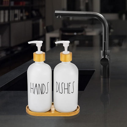 Hand and Dish Soap Dispenser for Kitchen by Brighter Barns - White Kitchen Soap Dispenser Set with Tray - Farmhouse Glass Soap Dispenser - Cute Housewarming, Wedding, Boho Home Decor