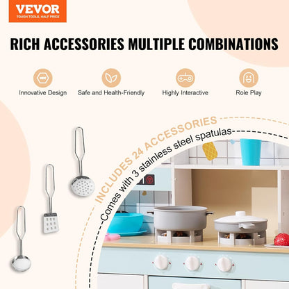 VEVOR Kitchen Toy for Children, Wooden Kitchen Toy Set with Lights Sounds Ice Maker Oven Sink Microwave Refrigerator Utensils, Kitchen Toy, 24 Pieces, White