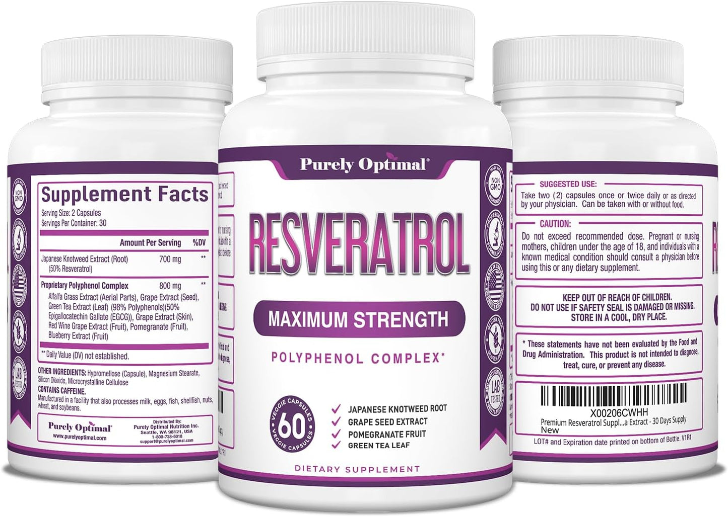Purely Optimal Resveratrol 1500mg - High Potency Trans-Resveratrol Supplement with Polyphenols, 60 Vegan Capsules - Supports Graceful Aging, Vitality, Immune Function & Total Body Wellness