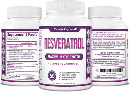 Purely Optimal Resveratrol 1500mg - High Potency Trans-Resveratrol Supplement with Polyphenols, 60 Vegan Capsules - Supports Graceful Aging, Vitality, Immune Function & Total Body Wellness