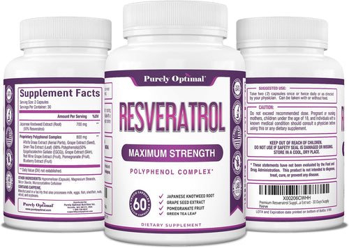 Purely Optimal Resveratrol 1500mg - High Potency Trans-Resveratrol Supplement with Polyphenols, 60 Vegan Capsules - Supports Graceful Aging, Vitality, Immune Function & Total Body Wellness