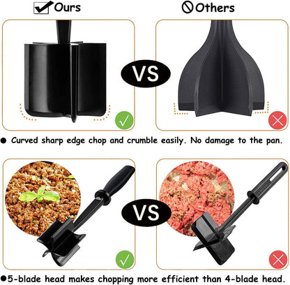 Hamburger Meat Chopper, VAVOLO High-Temp Heat-Resistant Ground Meat Masher, Versatile Nylon Non-Stick Ground Beef Masher with 5-Blade Head, Kitchen Gadgets, Dishwasher Safe(Black)