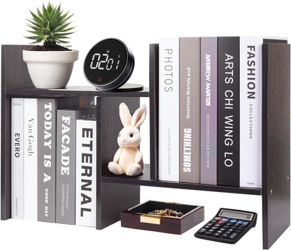 PowerKing Wood Desktop Organizer, Adjustable Desktop Bookshelf Display Shelf Rack for Home Office Desktop Storage Supplies Organization (Black)