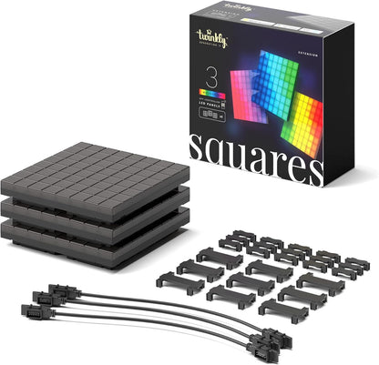 Twinkly Squares Extensions â€“ App-Controlled LED Panels with 64 RGB (16 Million Colors) Pixels. Black. 3 Extension Tiles, Work with Twinkly Squares Starter Kit. Indoor Smart Home Lighting Decoration
