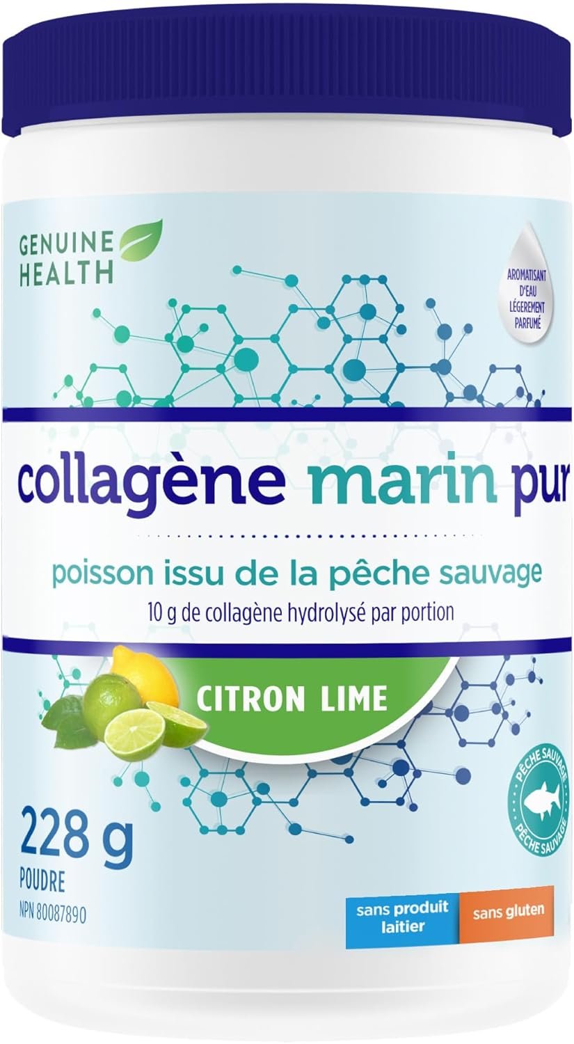 Genuine Health Marine Clean Collagen Powder, 228g tub, 10g collagen per serving, Natural joint, skin, hair, nail support, Lemon-lime flavour, Dairy & gluten-free, Wild-caught, Non-GMO, Keto & paleo-friendly