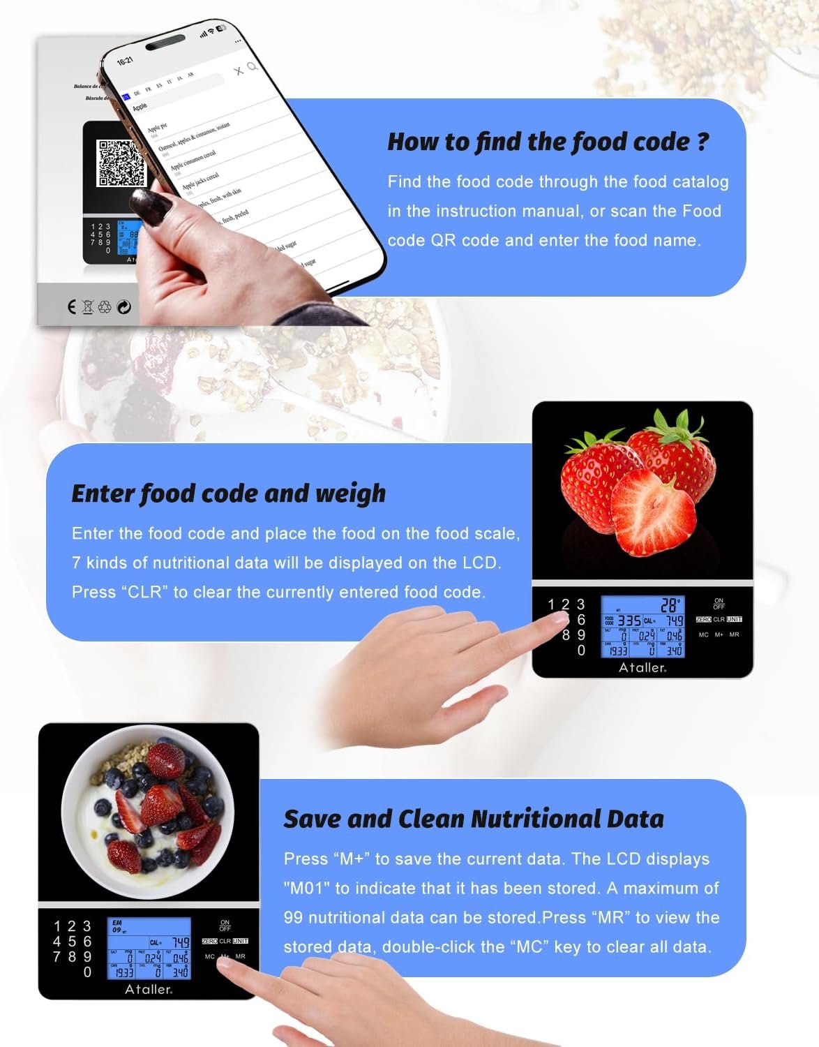 Ataller Food Scale with Nutritional Calculator, Kitchen Diet Scale, Digital Food Calorie Counting Scale for Meal Prep, Kitchen, Baking, Weight Loss, Resolution 1g, Max 5kg 11Ib, Tempered Glass, Black