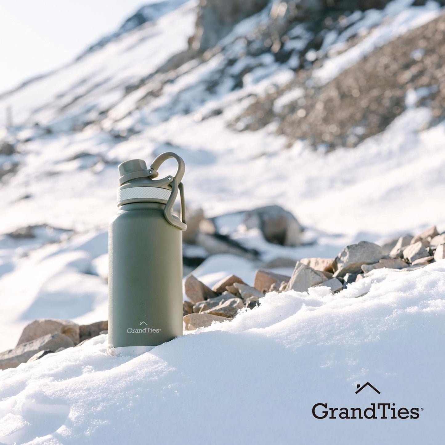 GrandTies 2 Lids Sports Stainless Steel Water Bottle– 32oz, Reusable Wide Mouth Vacuum Insulated Water Bottles, Travel Metal Canteen, Coldest Water Bottle for Men and Women–Olive Green