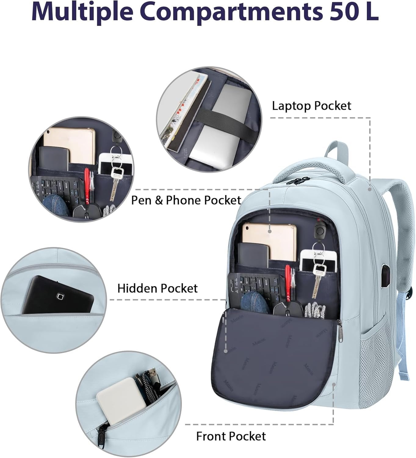 MATEIN 18 Inch Laptop Backpack for Women, TSA Approved Computer Rucksack with USB Charger Port and Luggage Strap, Extra Large Anti Theft Backpacks for Travel College Business Work, Haze Blue