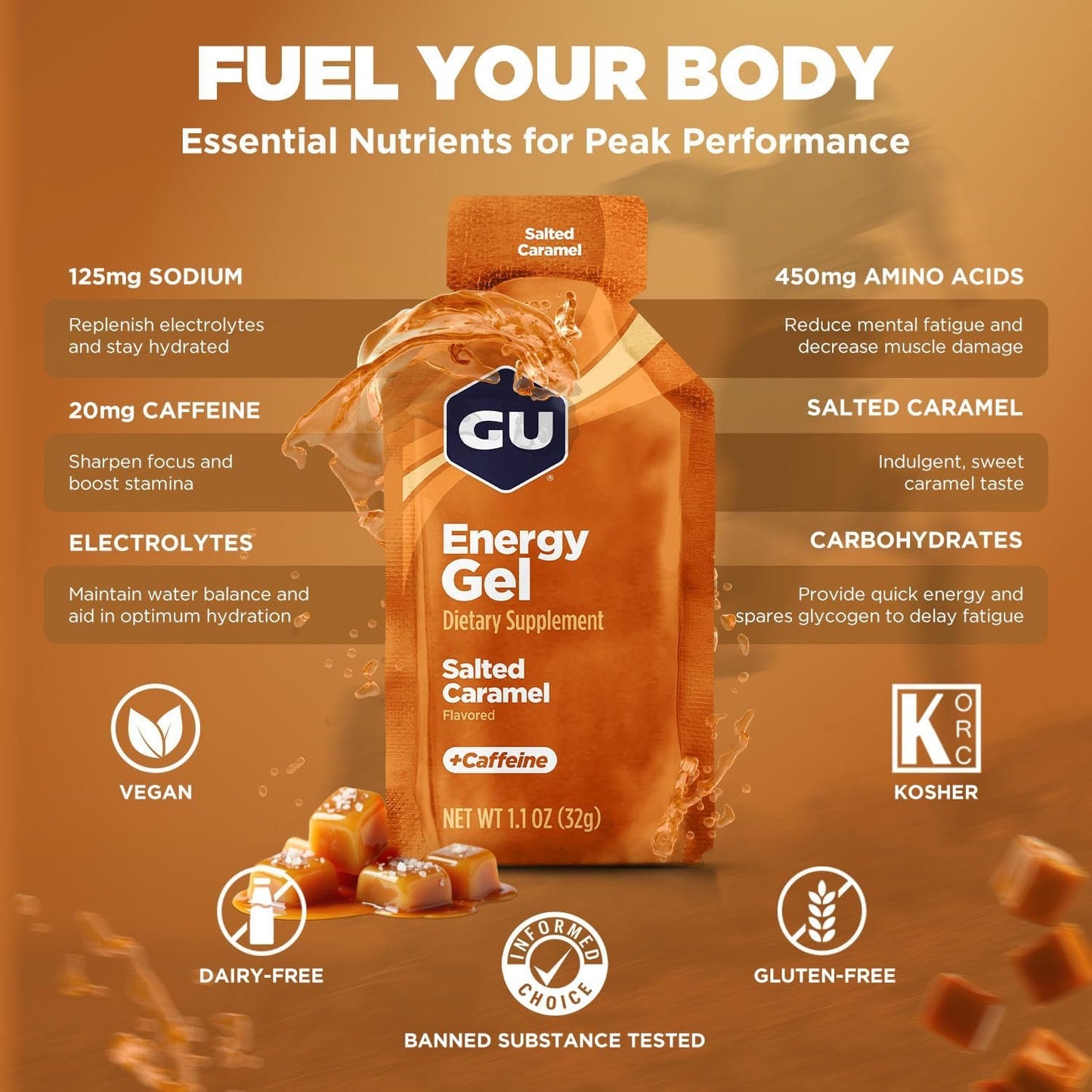 GU ENERGY Original Sports Nutrition Energy Gel, Salted Caramel, 24-Count