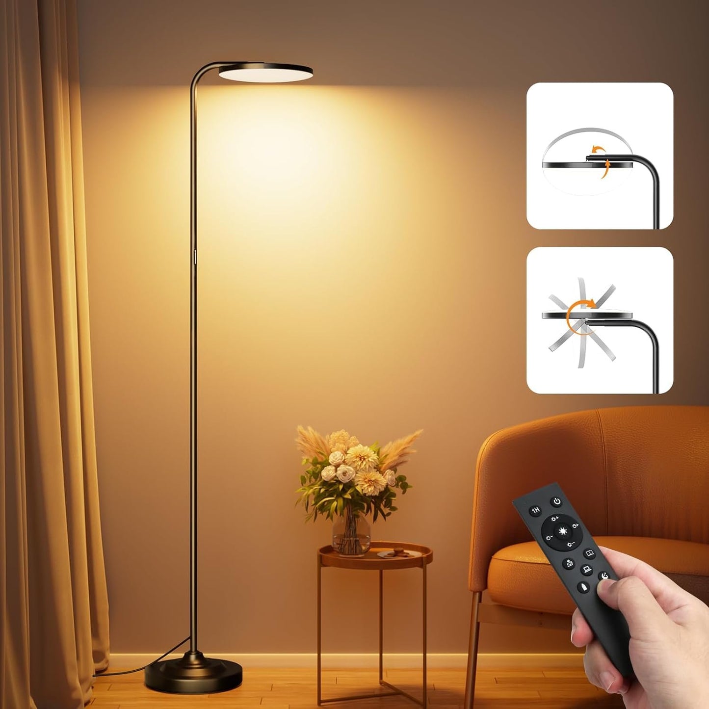 SIBRILLE 36W LED Floor Lamp, Super Bright Standing Lamp, Modern Stepless Dimmable Torchiere Tall Lamp with Remote Control, 350°Rotating Head Reading Floor Lamp for Living Room,Bedroom,Office