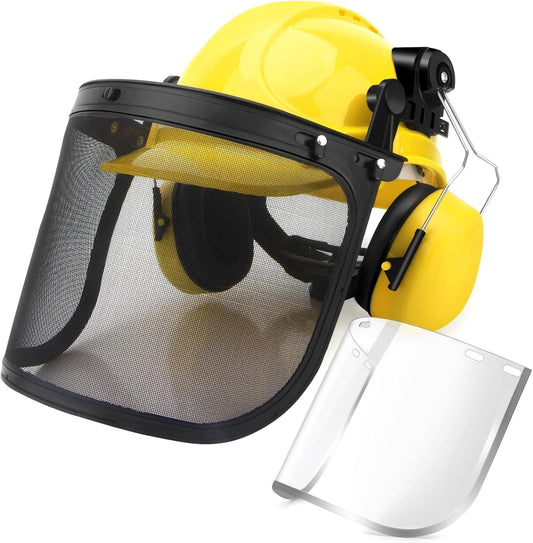 Industrial Forestry Safety Helmet,Chainsaw Helmet,6-in-1 Industrial Helmet and Hearing Protection System with Two Face Protective Visors;Impact Resistant Hard Hat, Yellow
