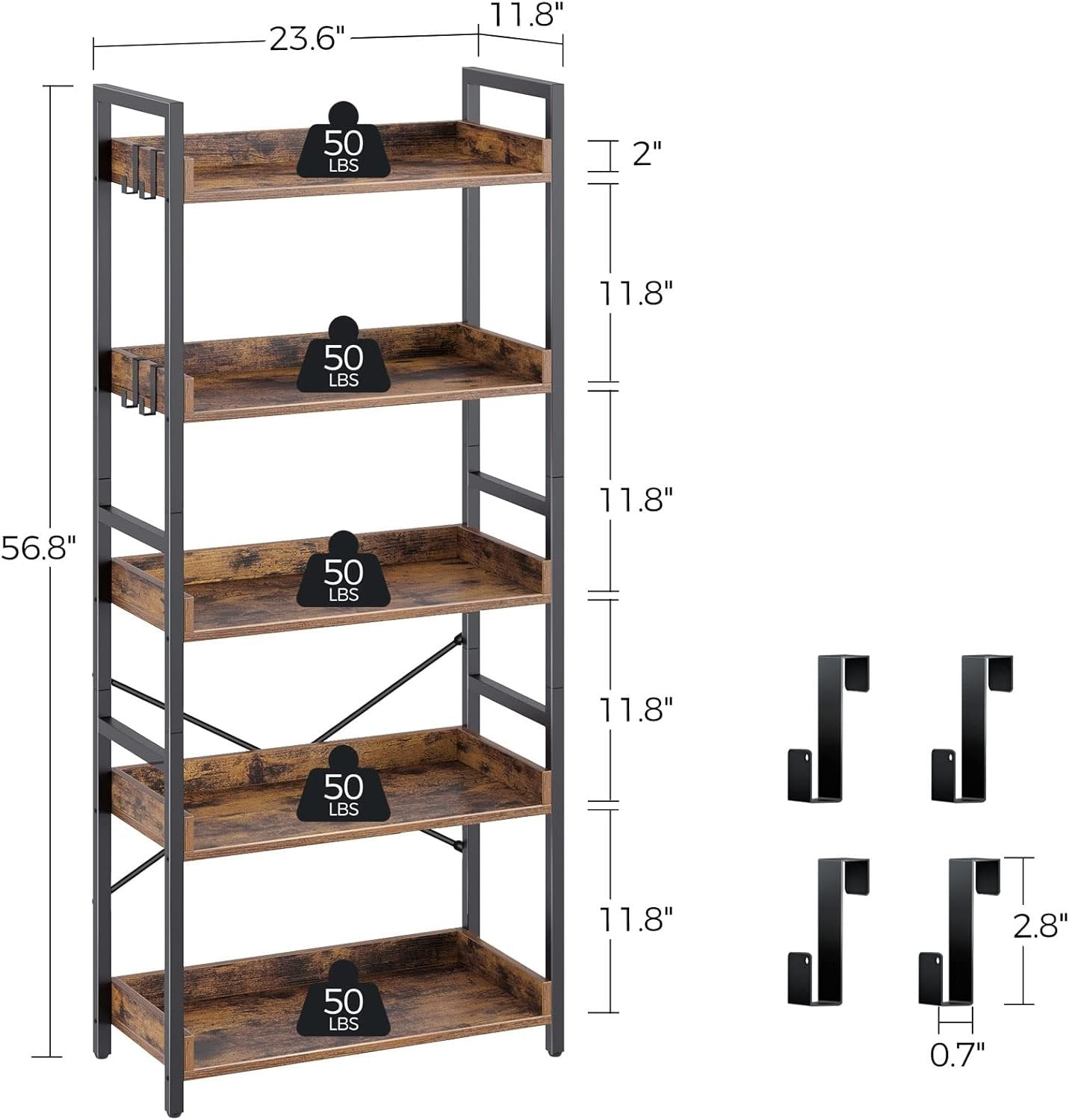 Rolanstar Bookshelf, 5 Tier Bookcase, Industrial Storage Rack with Metal Frame, Free Standing Utility Organizer Shelf Unit for Open Storage, Display and Book Organization in Living Room, Rustic Brown
