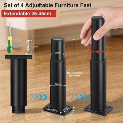 Swetfela 4 Pieces Furniture Feet, 25-45 cm Metal Adjustable Furniture Feet, Bed Feet Table Legs, Black Adjustable Feet for TV Cabinet, Universal Adjustable Bed Feet