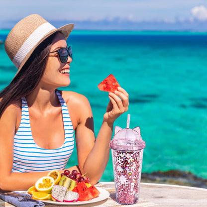 Glitter Water Bottle with Straw, 2Pcs Cute Girls Water Bottles Double Layer Water Cup Kawaii Drinking Cup Outdoor Indoor Water Bottle for School Kids, Pink & Clear