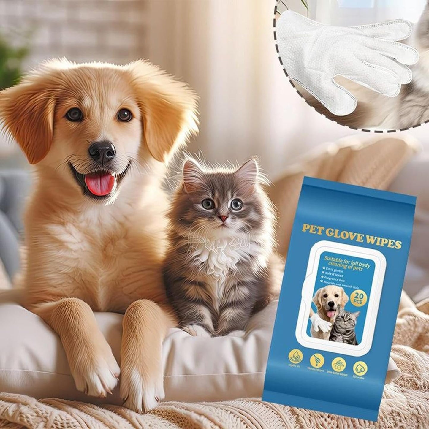 Pet Glove Wipes for Dogs,20X Cat Cleaning Gloves - Comfortable Waterless Washer Brush for Daily Care, Washing Grooming Bathing, Paw Hygiene