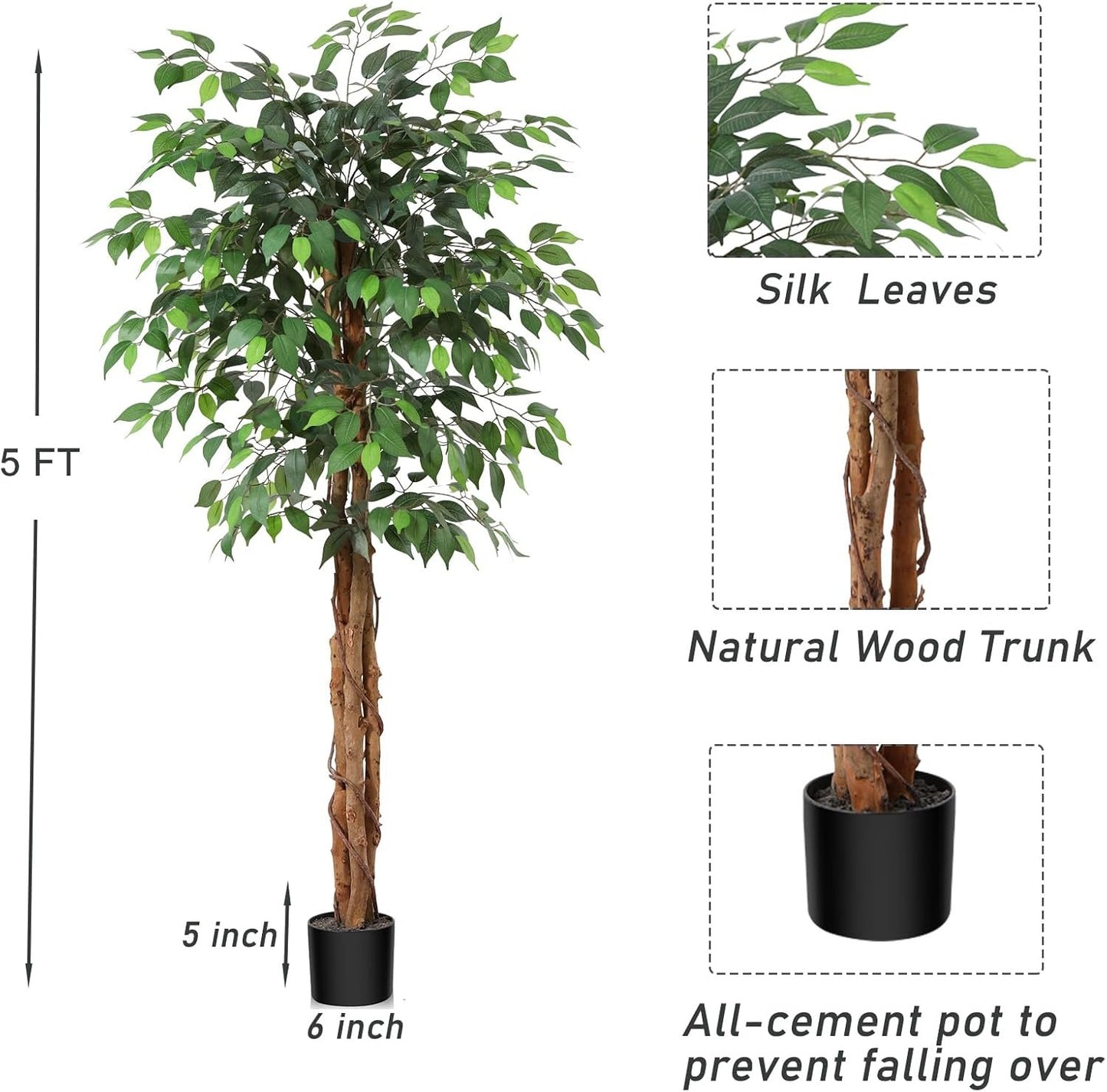 OAKRED 5FT Silk Artificial Ficus Tree with Realistic Leaves and Natural Trunk Fake Plants Tall Fake Trees Faux Ficus Tree for Office House Living Room Home Decor Indoor Outdoor,Set of 1