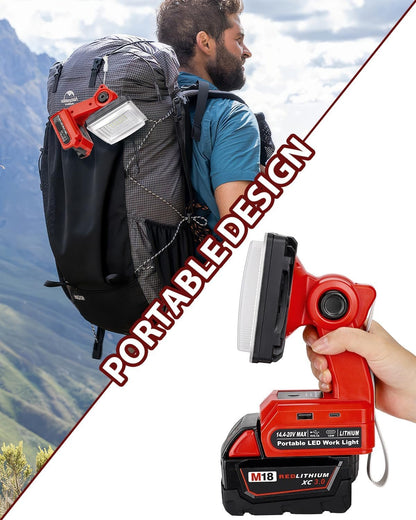 Cordless LED Work Light for Milwaukee M18 18V Battery, 25W LED Floodlight with USB-A&USB-C 2.1A Fast Charging Ports for Jobsite, Car Repairing, Camping, Emergency