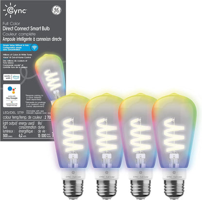 GE Cync Full Colour Direct Connect Smart Bulb (LED ST19), 60W Replacement, Bluetooth/WiFi Enabled, Works with Alexa, Google Assistant Without Hub, Pack of 4