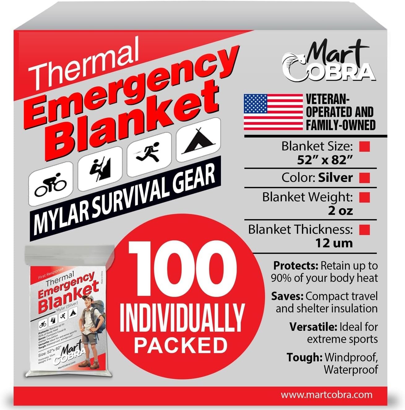 Mart Cobra Emergency Blanket 100-Pack | Reflective Thermal Blanket | Survival Gear | Lightweight Mylar Blankets | Retains 90% Body Heat | Essential for Camping, First Aid, Homeless Care Package Bulk