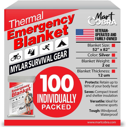 Mart Cobra Emergency Blanket 100-Pack | Reflective Thermal Blanket | Survival Gear | Lightweight Mylar Blankets | Retains 90% Body Heat | Essential for Camping, First Aid, Homeless Care Package Bulk