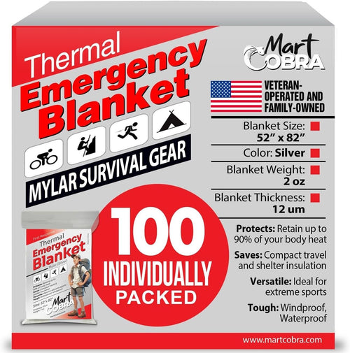 Mart Cobra Emergency Blanket 100-Pack | Reflective Thermal Blanket | Survival Gear | Lightweight Mylar Blankets | Retains 90% Body Heat | Essential for Camping, First Aid, Homeless Care Package Bulk