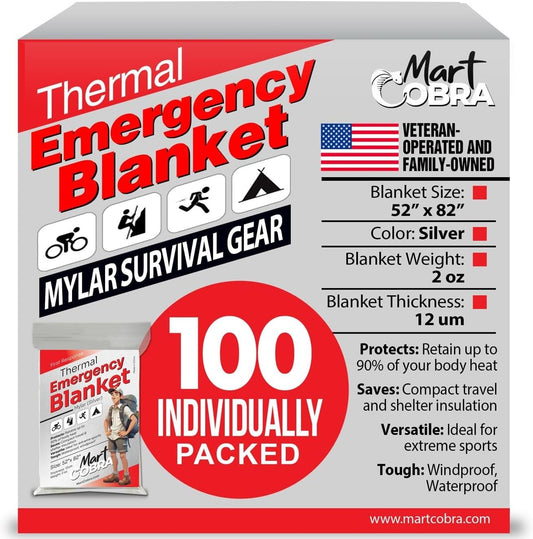 Mart Cobra Emergency Blanket 100-Pack | Reflective Thermal Blanket | Survival Gear | Lightweight Mylar Blankets | Retains 90% Body Heat | Essential for Camping, First Aid, Homeless Care Package Bulk