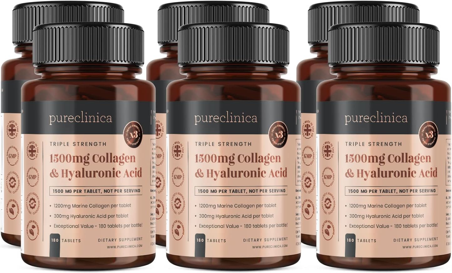 1500mg UltraColl Collagen (1200mg) & Hyaluronic Acid (300mg) x 1080 Tablets (6 Bottles of 180)