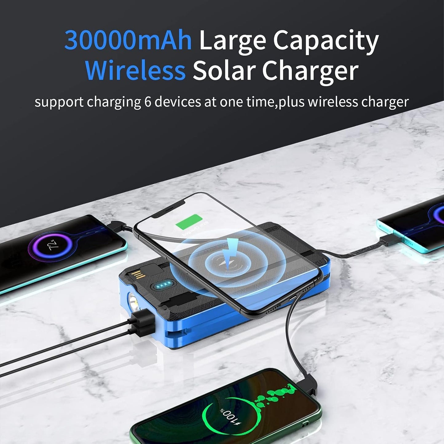 Solar Portable Power Bank Charge 6 Phones at The Same Time 30000mAh Solar Charger with 4 Wires and Wireless Charging Function LED Camping Lights External Battery Pack Outdoor Camping Equipment (Blue)