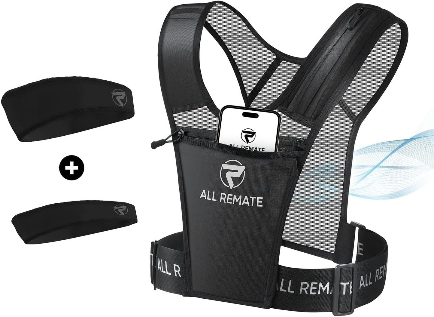 Reflective Ventilative Adjustable Unisex Running Vest with 5 Pockets for Phones, Water Bottles, Ear Bud Case, Keys with 2 headbnads