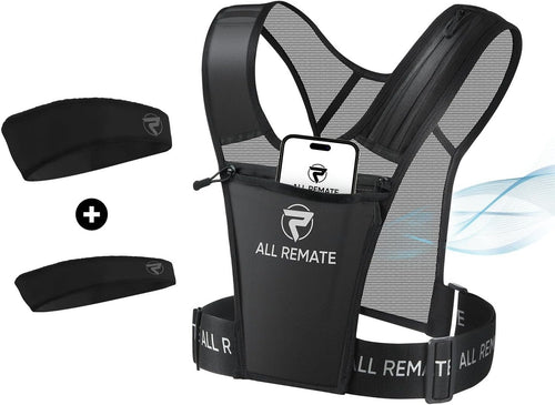 Reflective Ventilative Adjustable Unisex Running Vest with 5 Pockets for Phones, Water Bottles, Ear Bud Case, Keys with 2 headbnads